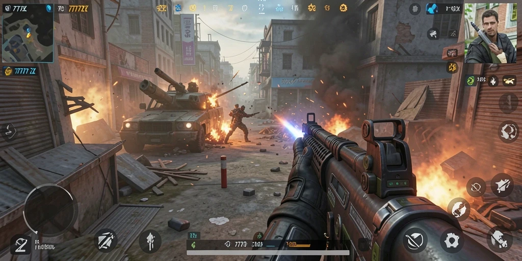 Screenshot gameplay FPS dari 777ZX menampilkan aksi seru di medan tempur.