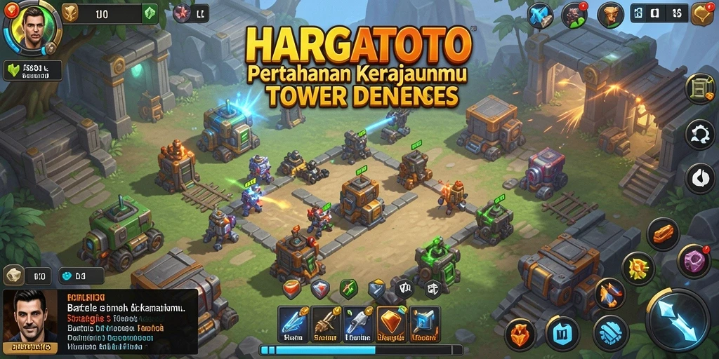Screenshot gameplay HARGATOTO menampilkan pertahanan menara yang strategis dan visual menarik.